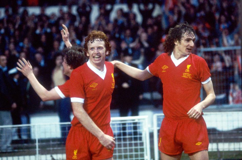 David Fairclough and Phil Thompson celebrating a goal while playing for Liverpool.