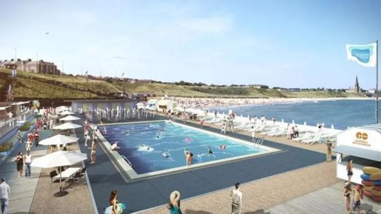 Illustration of a restored 1920s outdoor pool with people swimming and relaxing.