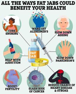 Illustration of how fat jabs could benefit health, including curing snoring, warding off Alzheimer's, slowing down ageing and Parkinson's, helping with addiction, boosting fertility, slashing cancer risk, and reducing the chance of heart disease and stroke.
