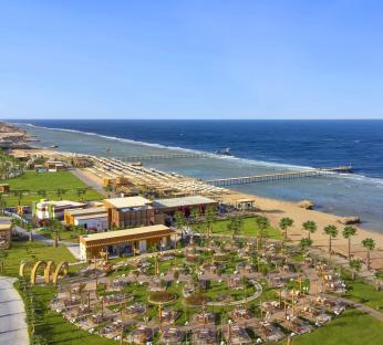 Aerial view of Rixos Radamis resort beachfront.