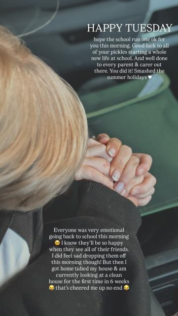 Photo of hands clasped together with text overlay expressing emotion about the first day of school.