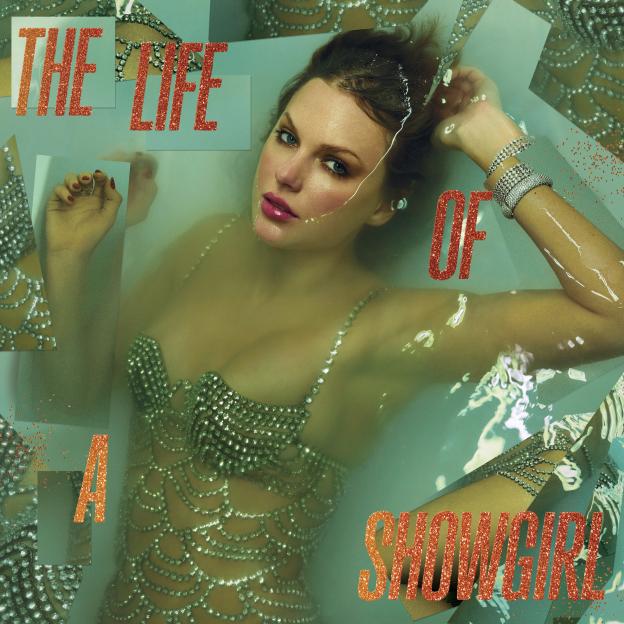 Album cover for "The Life of a Showgirl" by Taylor Swift, featuring Taylor Swift in a bedazzled outfit in water.