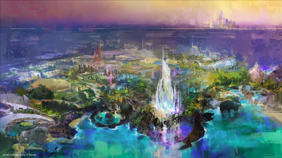 Illustration of a futuristic city by the sea.