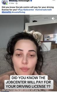 Screenshot of a TikTok video of a woman discussing whether the job centre will pay for a driving license.