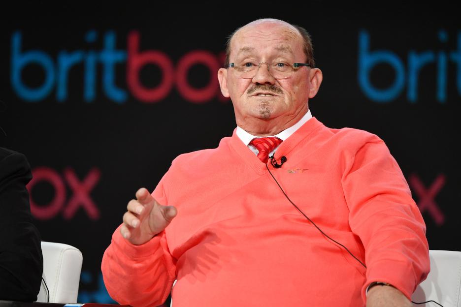 Brendan O'Carroll speaking at a press event.