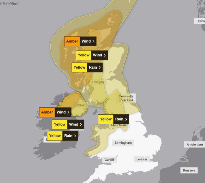 Weather map from the Met Office showing wind and rain warnings across the UK.