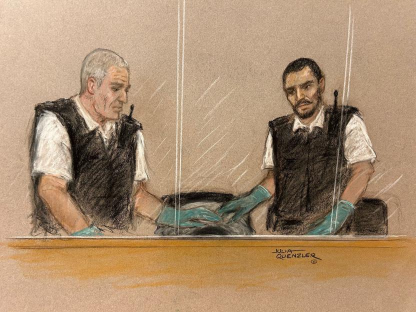 Illustration of Safi Dawood in court, charged with murder, seen with a security guard.
