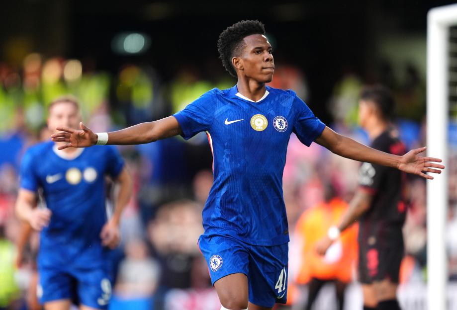 Chelsea's Estevao celebrates scoring a goal.