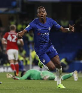Charly Musonda of Chelsea celebrating a goal.