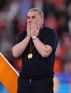 Ange Postecoglou, Tottenham Hotspur manager, reacting after the UEFA Europa League Final.