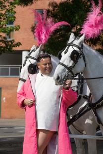 A man in a pink coat stands with two white horses wearing pink feather headbosses.