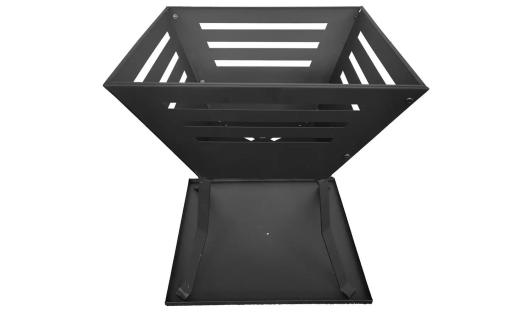 Black metal fire pit with a square base and a square top.