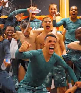 A split image showing a man speaking and a group of soccer players celebrating.