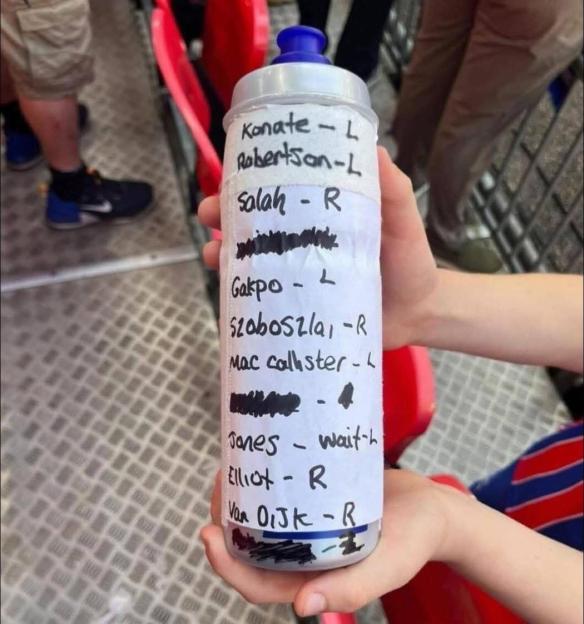 Water bottle with players' names and positions written on it.