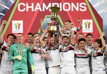 Bologna soccer team celebrates Coppa Italia victory.