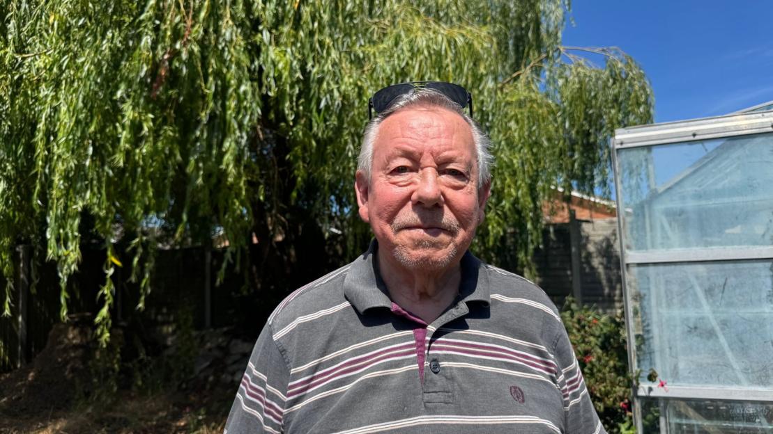 A man stands in front of a weeping willow tree and greenhouse.