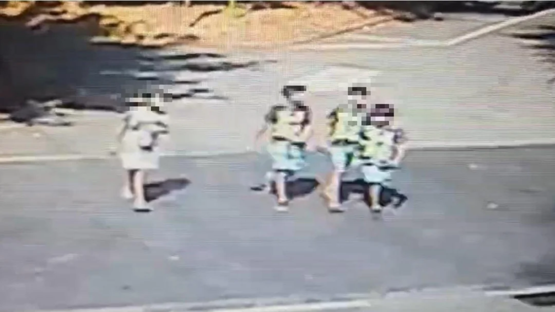 Security camera footage of four children and a woman.