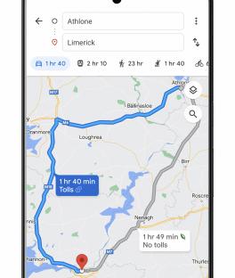 Smartphone displaying Google Maps directions from Limerick to Athlone, showing two route options with travel times.