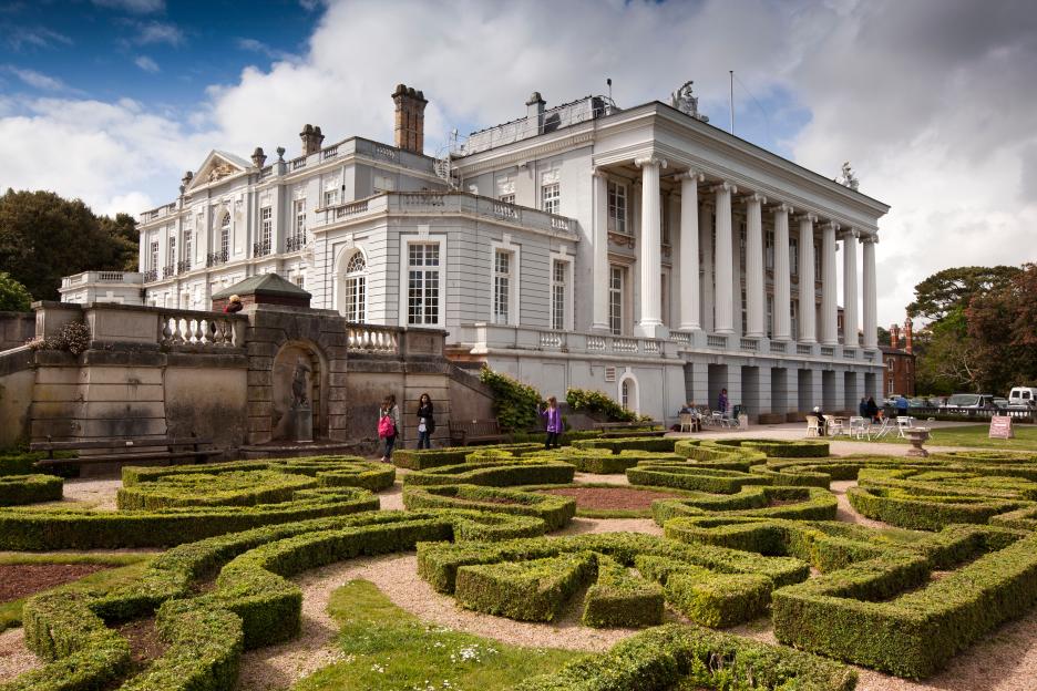 Oldway Mansion in Paignton, England, with its formal gardens.