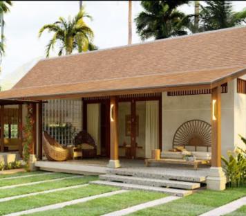 Tropical bungalow with patio furniture.