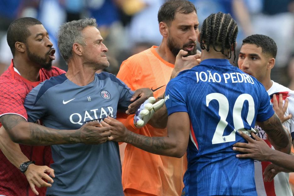 Club World Cup final descends into huge brawl as PSG manager Luis Enrique SLAPS Chelsea’s Joao Pedro in face