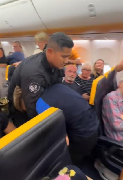 Armed police dragging a person off a Ryanair flight.