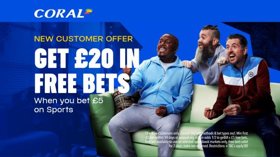 Get £20 in free bets when you place a £5 bet on sports with Coral