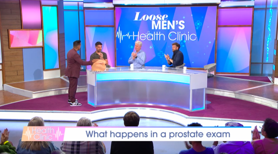Screenshot of a television segment about prostate exams.