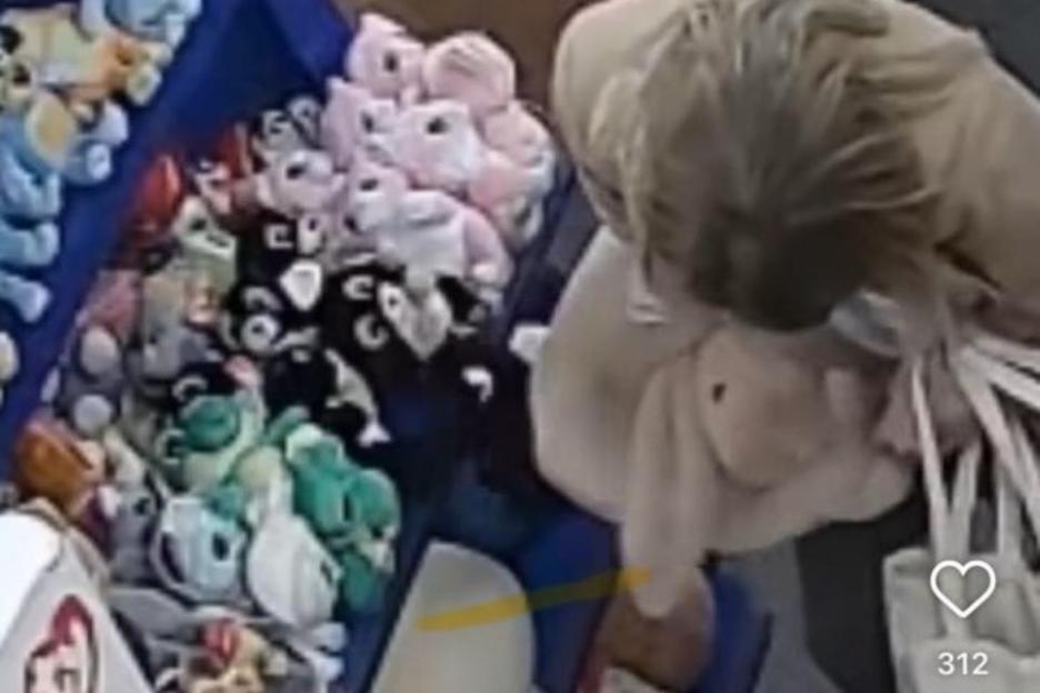 CCTV image of a woman concealing Jellycat stuffed toys in her clothing.