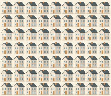 Illustration of many identical houses, one with a slightly different window.