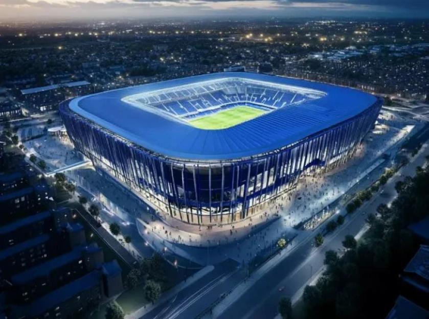 Illustration of a new Birmingham stadium design at night.