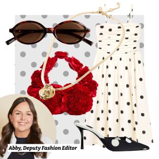 Collage of fashion items and Abby, Deputy Fashion Editor.