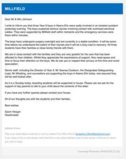 Email informing parents about an accident involving three students.