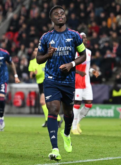 Bukayo Saka of Arsenal celebrates scoring his team's first goal.