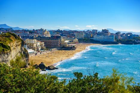 Biarritz beach and city in France.