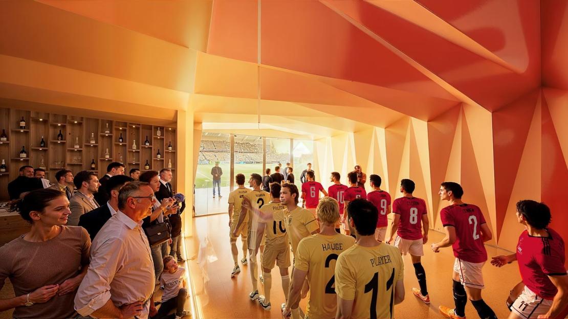 Illustration of a stadium player's tunnel with two teams of soccer players and spectators.