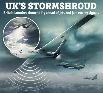 Illustration of a drone jamming enemy signals ahead of jets.