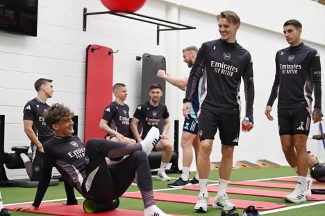 Arsenal players Max Dowman and Martin Odegaard at a training session.