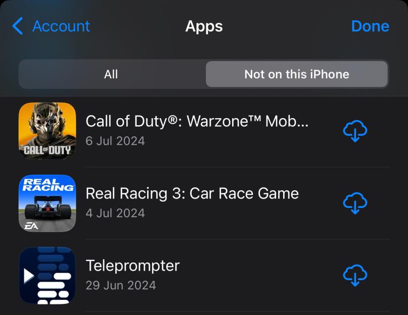 iPhone screen showing installed apps: Call of Duty: Warzone, Real Racing 3, and Teleprompter.