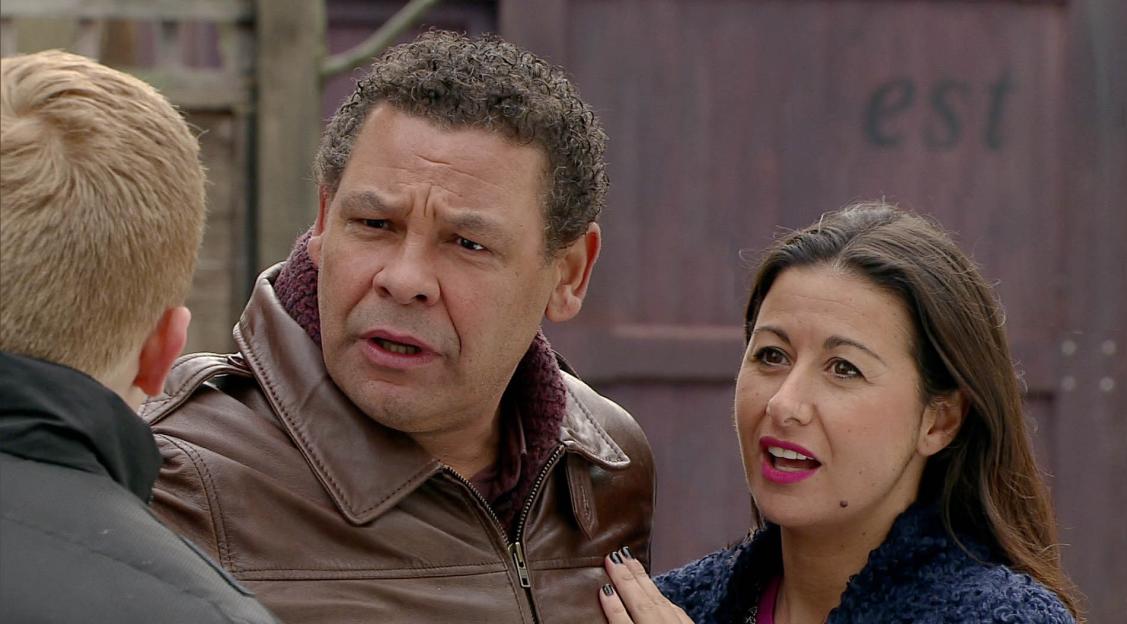 Craig Charles as Lloyd Mullaney and Hayley Tamaddon as Andrea from Coronation Street.