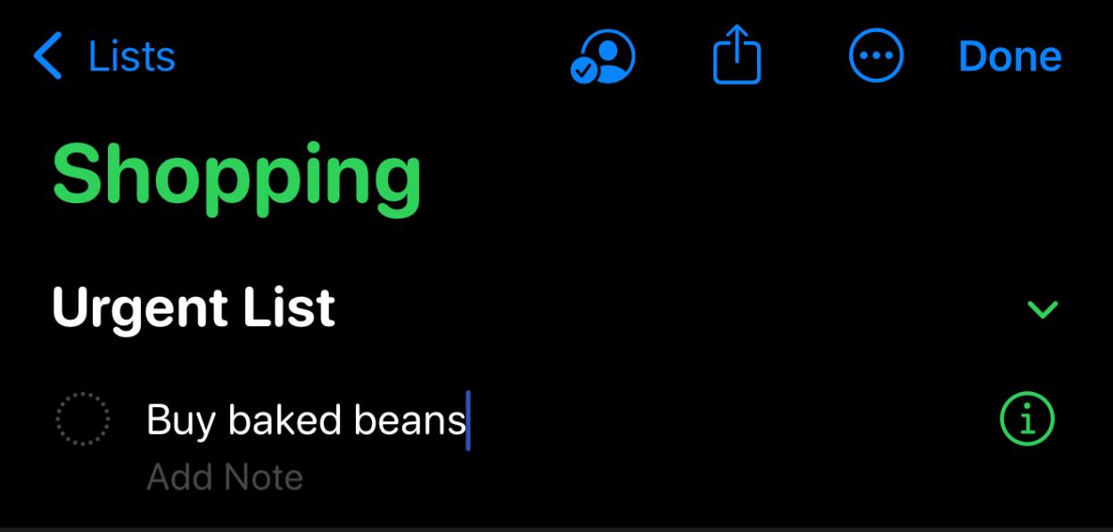 Screenshot of a shopping list app showing an urgent list item: Buy baked beans.