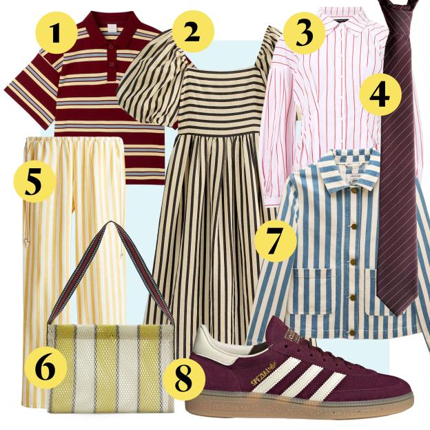 Collage of striped clothing and accessories.