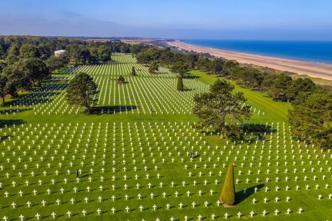 Aerial view of the Normandy American Cemetery and Memorial in Colleville-sur-Mer, France.
