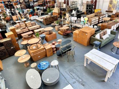 Overhead view of a showroom filled with furniture.