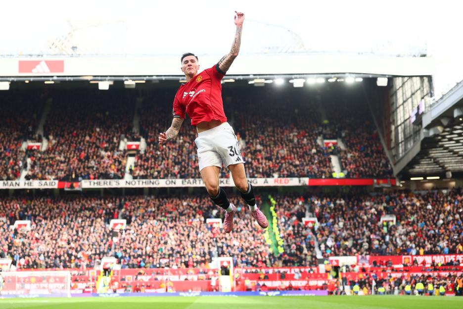 Benjamin Šeško of Manchester United celebrating after scoring to make it 2-0 against Sunderland.