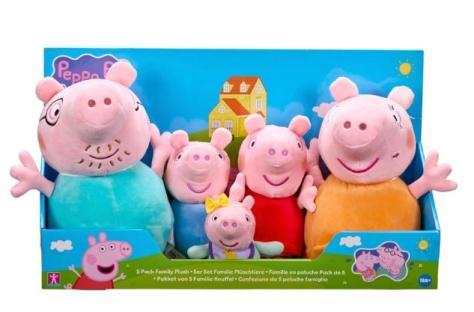 Five Peppa Pig family plush toys in a box.