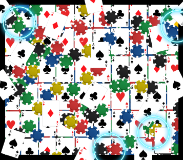 Illustration of playing cards and poker chips; find the hidden dice.