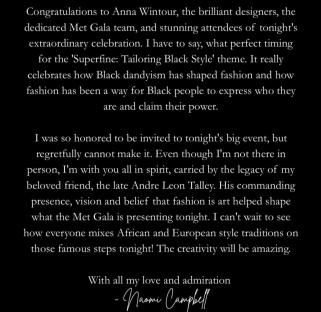 Naomi Campbell's message of congratulations for the Met Gala's