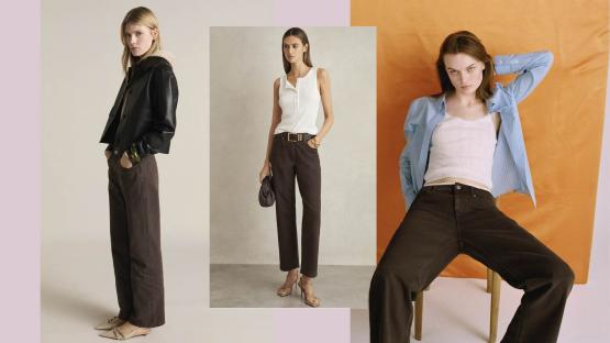 Collage of women modeling brown jeans.