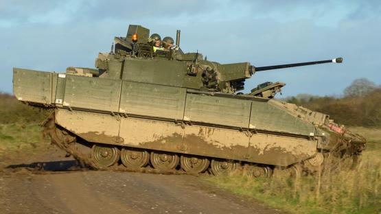 British army General Dynamics Ajax tank in action.